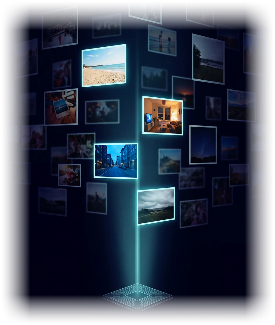 Illustration: out of a cloud of photos, a few are picked out and lit, from a chip below