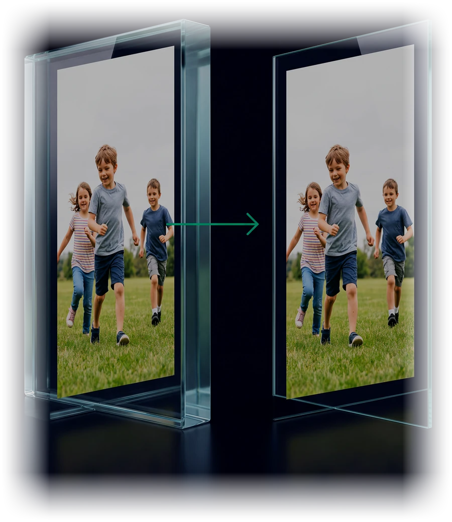 Illustration: the same family photo inside a thick glass block and inside a much thinner one