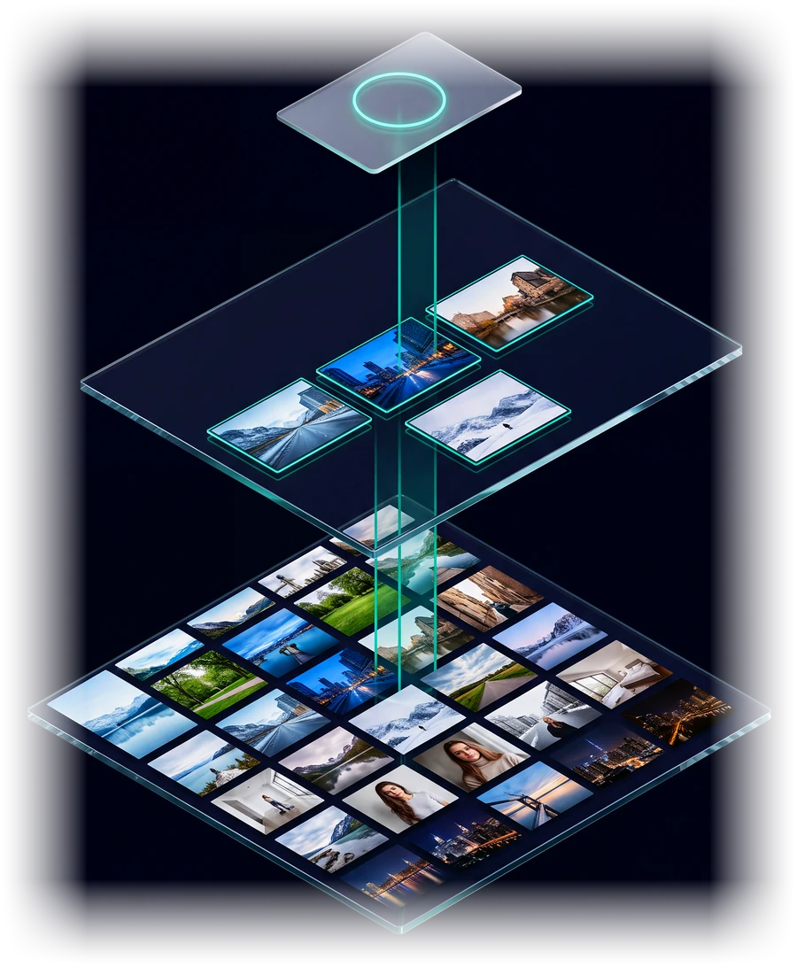 An illustration of the scan: a layer of photos and videos, sorted into a smaller set above it, and a progress ring on top