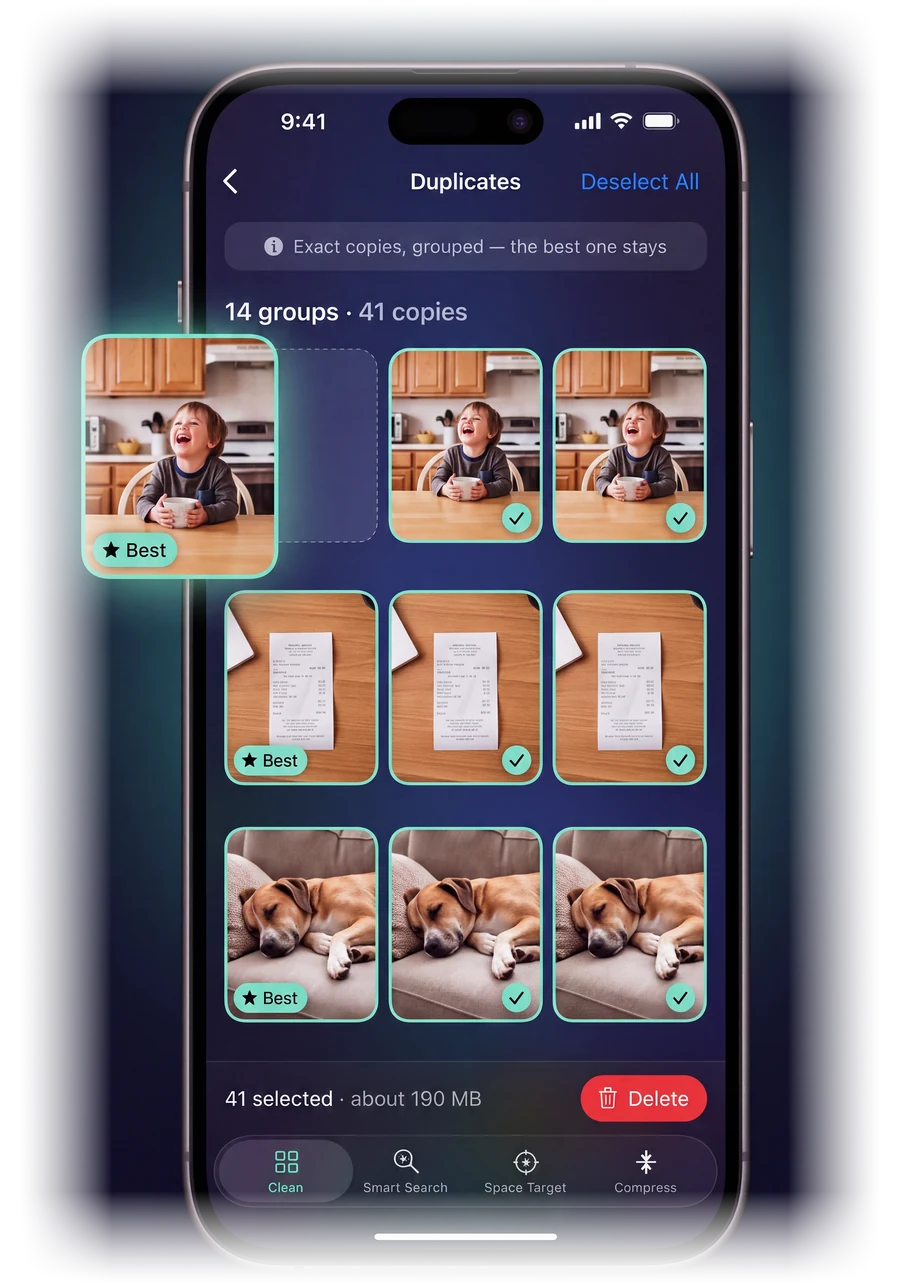 TidyByte Duplicates screen: groups of identical photos, the best copy marked, the extras ticked, with a Delete button