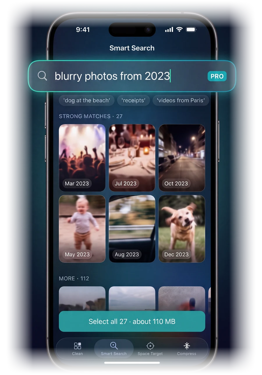 TidyByte Smart Search screen: the query "blurry photos from 2023" with matching photos grouped by month underneath