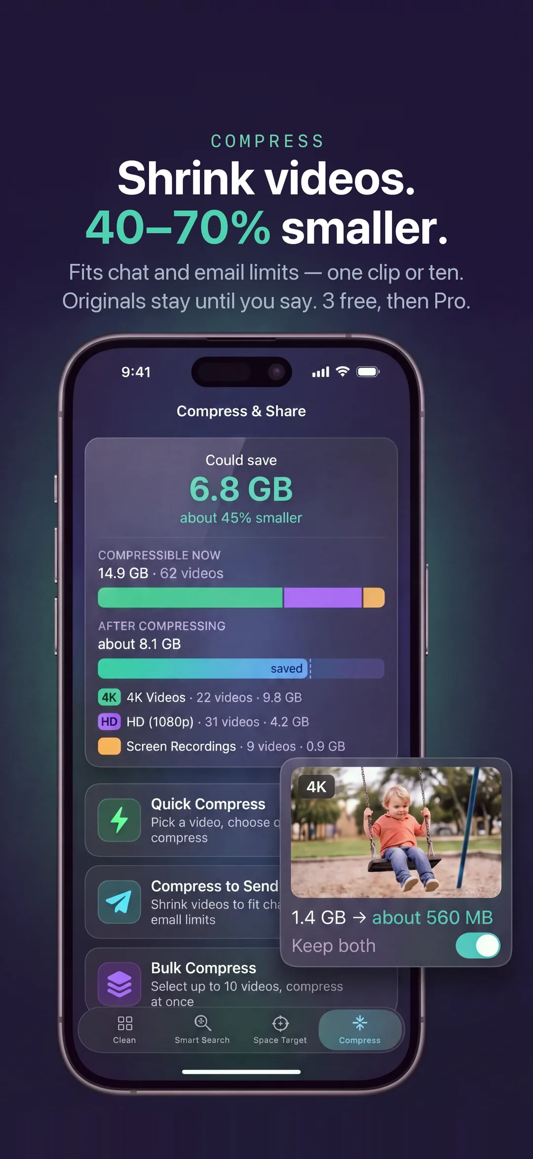 App Store screenshot. Compress big videos. Keep the memory.